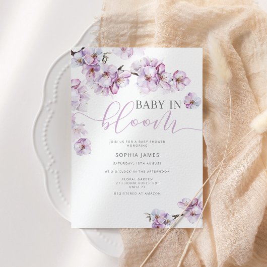 Lilac cherry blossom baby in bloom  invitation einladung