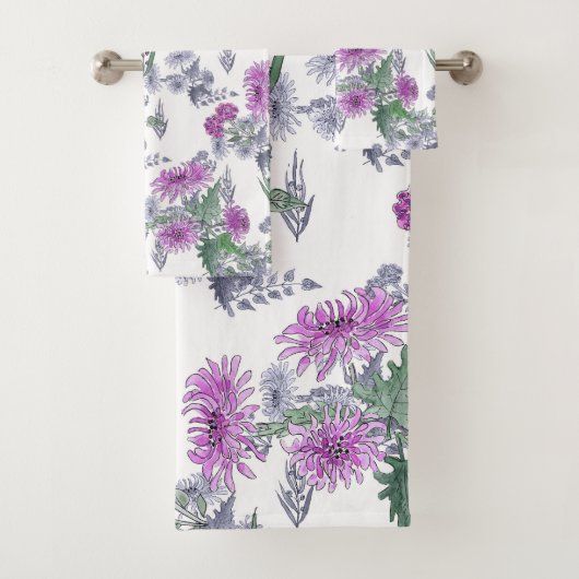 Lilac chrysanthemas, Aquarellfarben Badhandtuch Set (Insitu)
