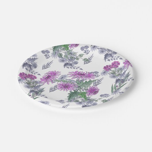 Lilac chrysanthemas, Aquarellfarben Pappteller (Schrägansicht)