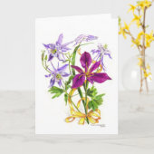 Lilac Columbines und Lila Beunabhängiges Iris Karte (Gelbe Blume)