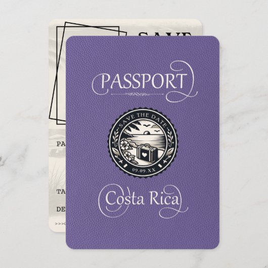 Lilac Costa Rica Passport Save The Date (Vorne/Hinten)