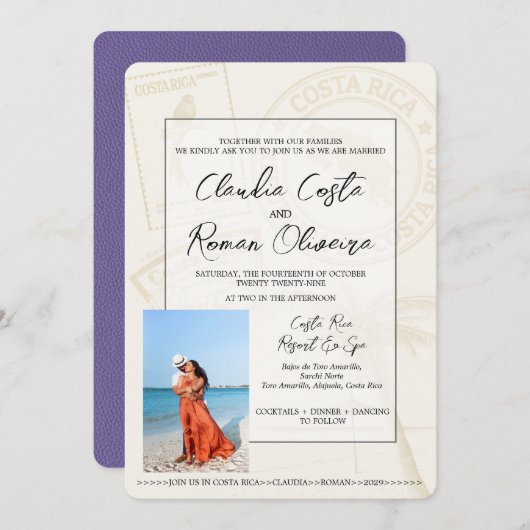 Lilac Costa Rica Passport Wedding Einladung (Vorne/Hinten)