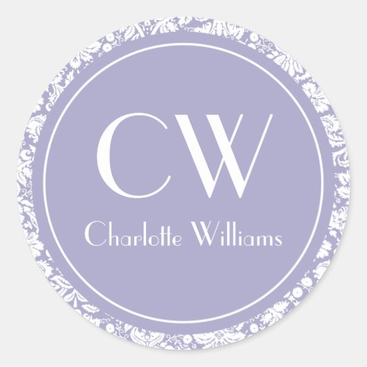 Lilac Damask Monogram Runder Aufkleber (Vorderseite)
