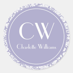 Lilac Damask Monogram Runder Aufkleber
