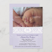 Lilac Damask Monogram Taufe/Christening Einladung (Vorne/Hinten)