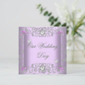 Lilac Damask Wedding Silver Diamond Hearts Einladung (Stehend Vorderseite)