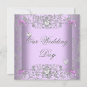 Lilac Damask Wedding Silver Diamond Hearts Einladung (Vorderseite)