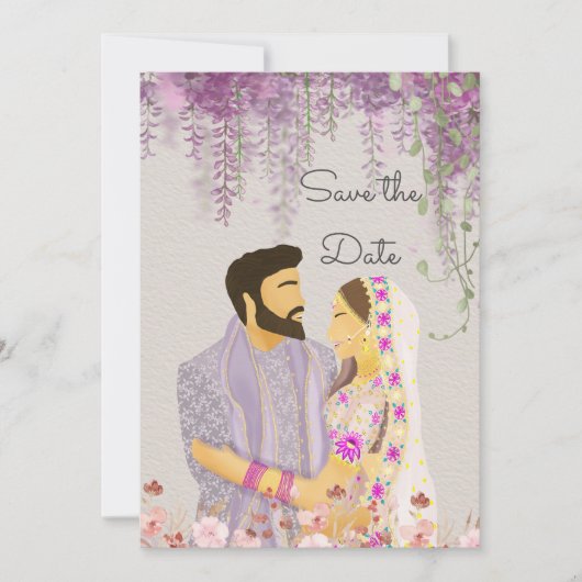 Lilac Delight Indian Couple Illustration Save The Date (Vorderseite)