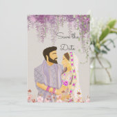 Lilac Delight Indian Couple Illustration Save The Date (Stehend Vorderseite)