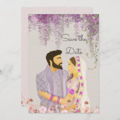 Lilac Delight Indian Couple Illustration Save The Date (Vorne/Hinten)