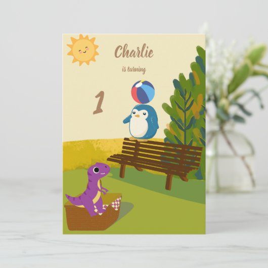 Lilac Dino in Park Geburtstag Einladung (Stehend Vorderseite)