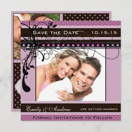 Lilac Dots and Wirbel Wedding Foto Save the Date Einladung (Vorne/Hinten)