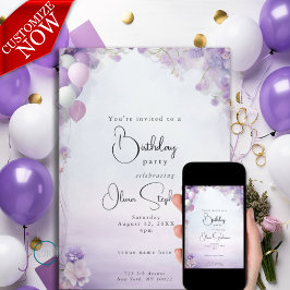 Lilac Dreams Floral Balloons QR Geburtstag Einladung