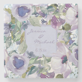 Lilac Dusty Blue Floral Couple's Names Wedding Steinuntersetzer