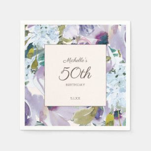 Lilac Dusty Blue Watercolor Floral 50. Geburtstag Serviette