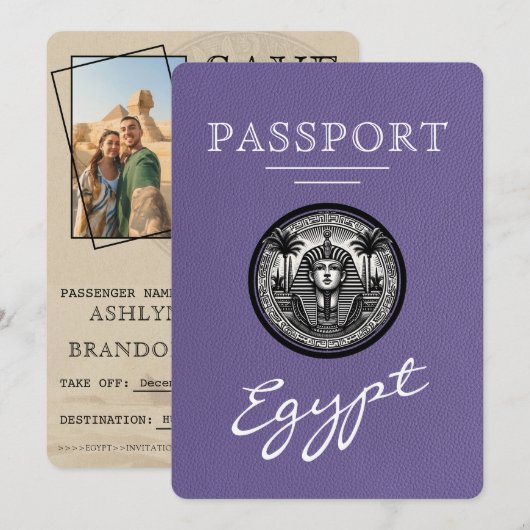 Lilac Egypt Passport Wedding Save the Date (Vorne/Hinten)