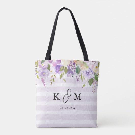 Lilac Floral and Stripes Bridesmaid Monogramm Tasche (Rückseite)