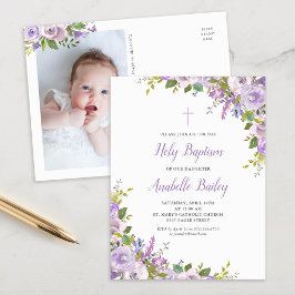 Lilac Floral Baby Girl Taufe Einladung Postkarte