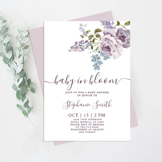 Lilac Floral Baby in Bloom Baby Shower Girl Einladung