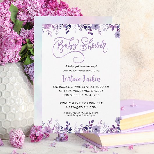 Lilac Floral Baby Shower Einladung