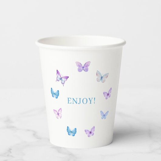 Lilac Floral Blue Lila Butterfly Brautparty Pappbecher (Rückseite)