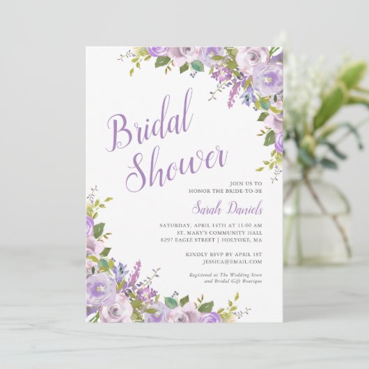 Lilac Floral Bridal Dusche Einladung (Stehend Vorderseite)
