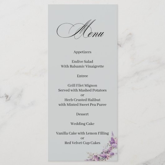 Lilac floral Elegant Calligraphy Menu Menükarte (Vorderseite)