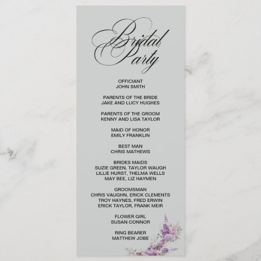Lilac floral Elegant double side program card  Programm (Rückseite)