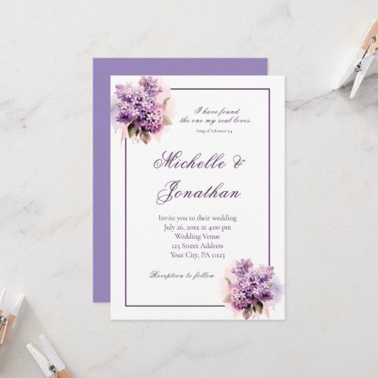 Lilac Floral Frame Bible Verse Christliche Hochzei Einladung (Vorderseite/Rückseite Beispiel)