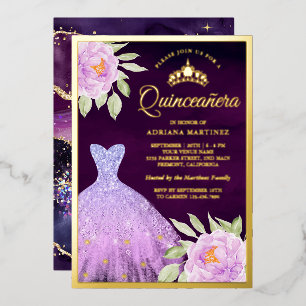 Lilac Floral Gown Lila Quinceanera Gold Folieneinladung