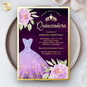 Lilac Floral Gown Lila Quinceanera Gold Folieneinladung