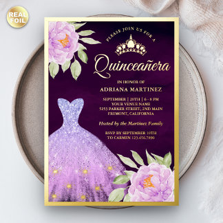 Lilac Floral Gown Lila Quinceanera Gold Folieneinladung