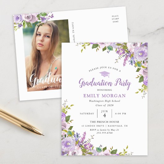 Lilac Floral Graduation Party Einladung Postkarte