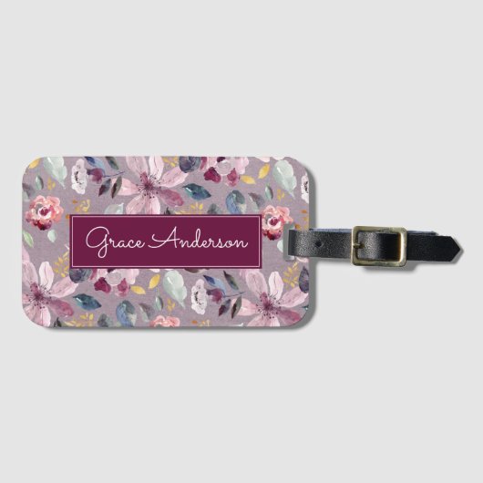 Lilac Floral Pattern Gold Foil Monogramm Gepäckanhänger (Vorderseite (Horizontal))
