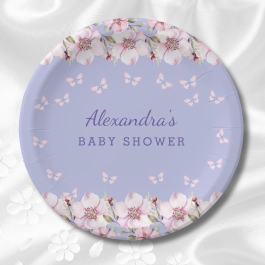 Lilac Floral Pink Butterfly Babydusche Pappteller