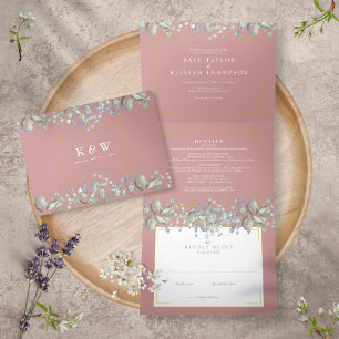Lilac Foliage Dusty Rose Monogram Foto Wedding Dreifach Gefaltete Einladung