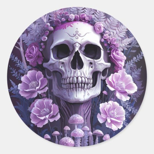 Lilac Garden Goth Skull, Lila Fantasy Runder Aufkleber (Vorderseite)