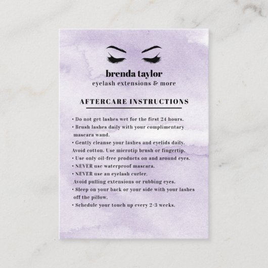 Lilac Glam Eyelash Browbar Aftercare Instructions Visitenkarte (Vorderseite)