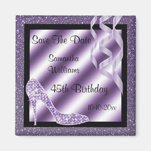 Lilac Glittery Stiletto & Streamers 45. Geburtstag Magnet (Vorne)