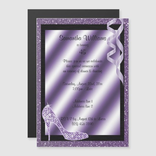 Lilac Glittery Stiletto & Streamers 45. Geburtstag Magneteinladung (Vorne/Hinten)