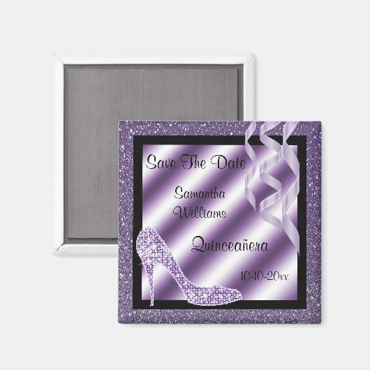 Lilac Glittery Stiletto & Streamers Quinceañera Magnet (Vorderseite/Rückseite)