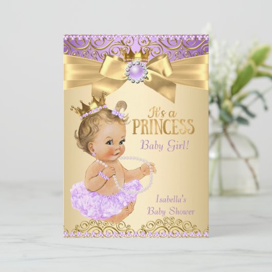 Lilac Gold Ballerina Princess Baby Dusche Blonde Einladung (Stehend Vorderseite)