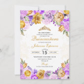 Lilac & Gold Floral Glitzer Tiara Quinceanera Einladung (Vorderseite)