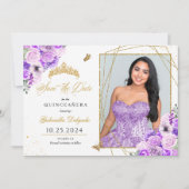 Lilac & Gold Foto Card Quinceañera Save the Date Einladung (Vorderseite)