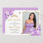 Lilac & Gold Foto Card Quinceañera Save the Date Einladung (Vorne/Hinten)