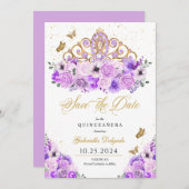 Lilac & Gold Tiara Save the Date Quinceañera Einladung (Vorne/Hinten)