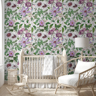Lilac Green White Vintag Botanische Blume Tapete