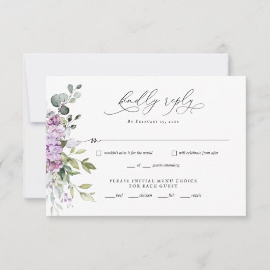 Lilac Greenerity Script Wedding RSVP Reply Card (Vorderseite)