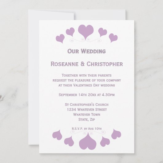 Lilac Hearts Design Wedding Einladung (Vorderseite)
