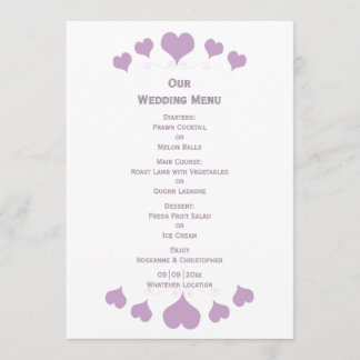 Lilac Hearts Design Wedding Menükarte